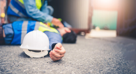 Engineer or foreman has an accident while working on Container ship. Logistics global import or export shipping industrial concept.