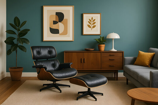 Stylish mid-century lounge with leather Eames chair, teal walls, and vintage sideboard. Modern retro interior design for elegant and cozy home settings... Home Decor