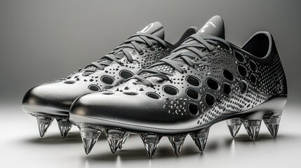 Modern, metallic soccer cleats. Lightweight, perforated design. High-impact studs