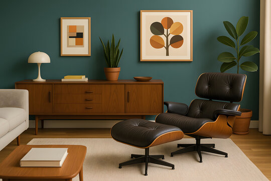Modernist living room with Eames lounge chair, mid-century wood sideboard, and teal accent wall. Elegant home interior design with retro influences and soft tones... Home Decor.