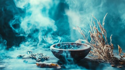 Mystical blue smoke surrounding traditional Asian tea set