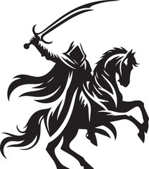 Silhouette of Medieval Warrior on Horse with Sword – Vector Art	