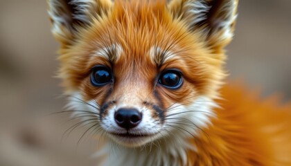 Adorable baby fox's black nose boasting a hint of mischief.