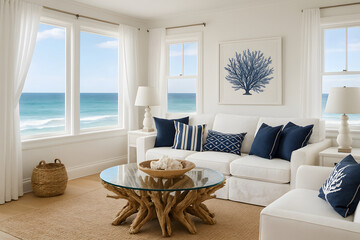Nautical coastal living room with blue and white decor, oceanfront balcony and rustic wood accents. Elegant beach house interior with natural light and sea view... Home Decor.