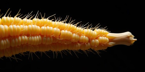 agriculture and labour day: Close-up of a fresh, vibrant ear of corn, its kernels glistening under soft light against a dark background. Capturing nature's bounty and freshness