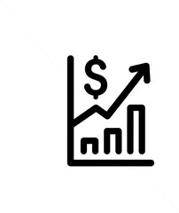 Black and white line icon of a financial growth chart with ascending bars, a rising arrow, and a dollar sign. Minimalist vector symbol for profit, investment, business success, or analytics.

