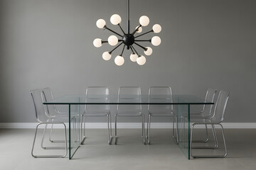 Futuristic minimalist dining room with sculptural lighting, glass furniture and transparent seating. Ultra-modern home interior design with neutral gray palette... Home Decor.