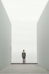 Fototapeta premium A businessman in a suit standing with his back to the camera in a modern minimalist space