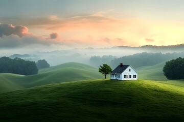 A tranquil and picturesque farmhouse nestled amidst rolling green hills set against the warm glow of a stunning sunset sky