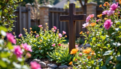 A tranquil outdoor setting with a wooden cross framed by blooming plants.