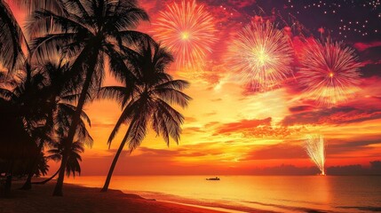 Tropical beach sunset fireworks celebration (3)