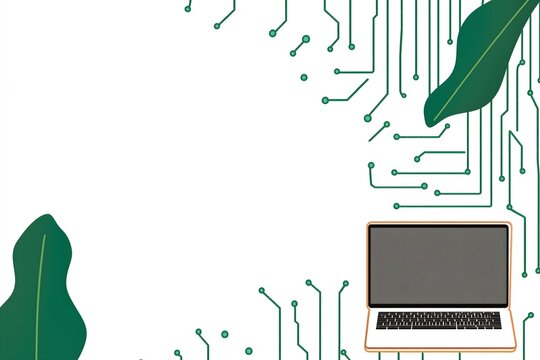 Conceptual background showcasing green technology innovation, where natural leaves merge with a digital circuit board connected to a modern laptop
