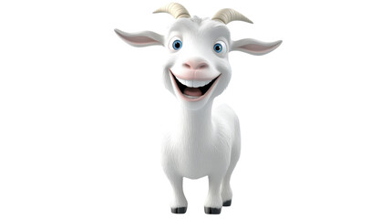Fototapeta premium Cheerful 3D Cartoon White Goat Grinning Widely – Adorable Farm Animal Character Isolated on White Background