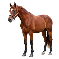 Obraz premium A chestnut horse standing with a bridle and a white blaze on a white background in a studio shot