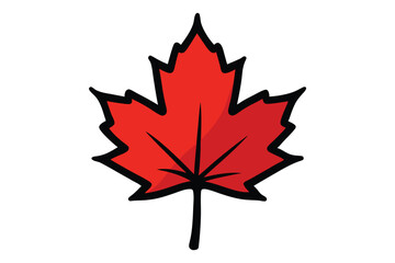 Stylized red maple leaf illustration with black outlines on a white background