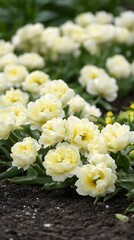 Stunning Creamy White Double Late Tulips Blooming in Garden Row