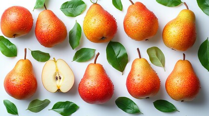 Obraz premium fresh pears and green leaves in air on white background