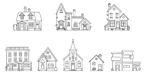 Diverse line art collection of houses and buildings isolated on white background
