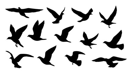 set of black bird silhouette vector on white background