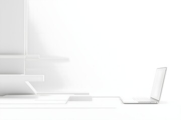A sleek, modern laptop rests on a pristine white surface amidst an abstract geometric structure, illustrating the concept of a futuristic digital workspace and clean design