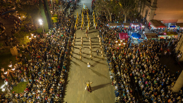 Aerial Drone Images of the Procession of Silence Ceremony in Plaza del Carmen, San Luis Potos&iacute;, During Holy Week