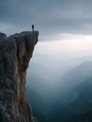 A person stands on the edge of a massive rock formation. In the distance are rows of mountains shrouded in mist. The sky is cloudy.