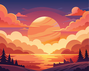 Orange Sunset Landscape. Serene Lake and Colorful Sky