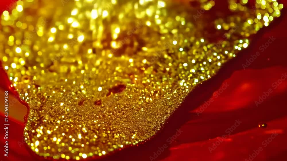 Poster Dynamic drops of yellow glitter in red oil or ink diffusing through liquid, creating an abstract syrup swirls