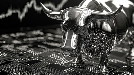 Cryptocurrency bullish up trend bull market Metallic bull on circuit board with stock market trend lines in background.