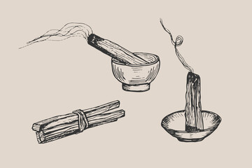 Palo santo tree stick drawing illustration set. Fragrant aroma wooden incense burning stick sketch engraving style vector. Hand drawn line art clipart