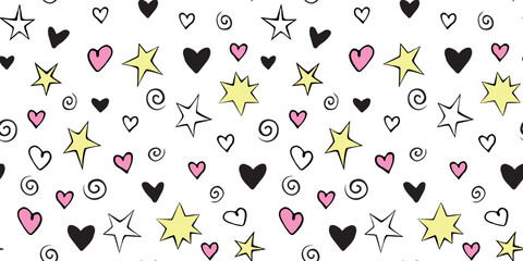 Vector seamless pattern of simple bright elements - stars hearts spirals helixes. Cute background, texture for greeting cards, wrapping paper. Holiday backdrop, Valentine's day, birthday, firework