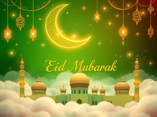 Golden Crescent Blessings: A Radiant Eid Mubarak Celebration Under Starry Skies