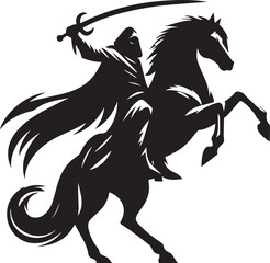 Silhouette of Medieval Warrior on Horse with Sword – Vector Art	