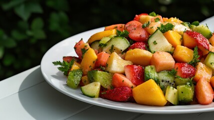 Vibrant Plate of Fresh Fruit and Vegetables on Rustic Wooden Table