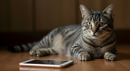 Domestic cat at home with a smartphone