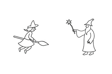 Witch Riding Broomstick And Wizard Holding Wand Line Art Illustration