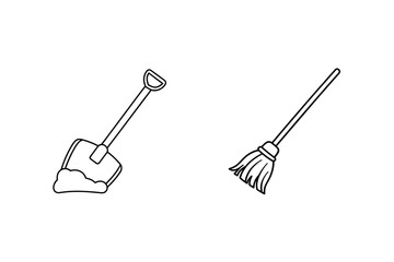 Simple Outline Drawing Of A Shovel And Broom For Cleaning And Gardening