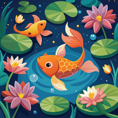 Fototapeta premium goldfish in a pond with stunning lotus flowers.