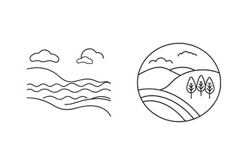 Minimalist Vector Landscape Outlines Featuring Hills Trees River And Clouds Illustration