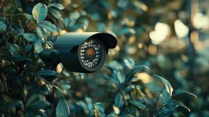 CCTV monitoring. Outdoor video surveillance camera for object protection installed in a well-lit outdoor area, surrounded by greenery, aimed at monitoring activities for security, protection purposes