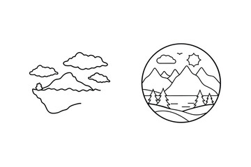 Minimalist Mountain Landscape Scenes With Clouds And Sun In Vector Line Art