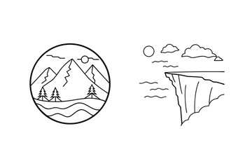 Mountain Landscape And Cliff Line Art Illustration For Minimalist Design