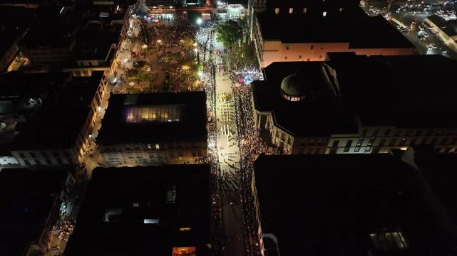 Aerial Drone Images of the Procession of Silence Ceremony in Plaza del Carmen, San Luis Potos&iacute;, During Holy Week