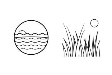 Simple Line Art Of Sea Waves Sunset And Grass Field With Sun