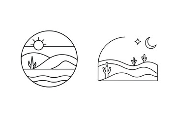 Desert Landscape Icons Featuring Sun And Moon In Simple Line Art Style
