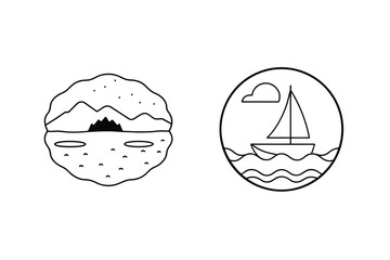 Two Minimalist Vector Nature Scenes With Mountains And Sailboat On The Sea