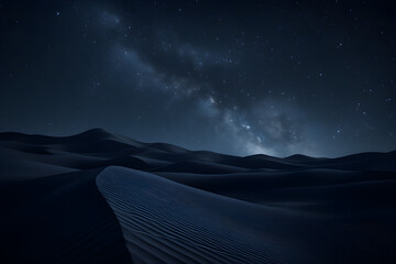 A captivating view of rolling sand dunes, illuminated by a starry sky, with the Milky Way stretching into the night. A peaceful landscape evoking peace and wonder.