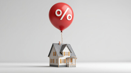 House lifted by red balloon with percent symbol