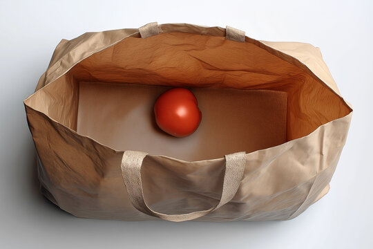 Single tomato in nearly empty paper grocery bag