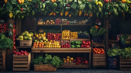 Colorful farmer's market with fresh produce stalls